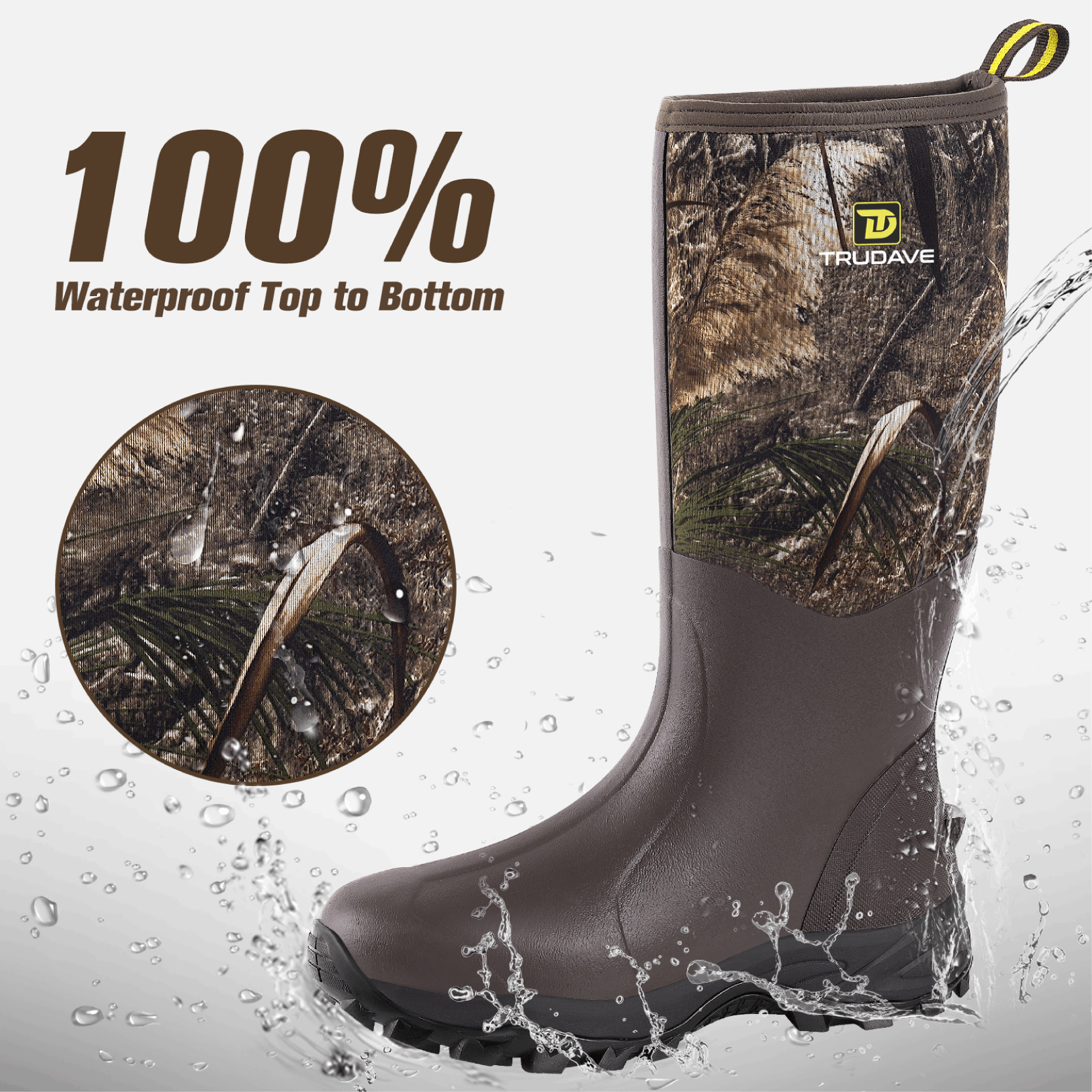 Side view of Trudave TrailMist Series waterproof neoprene muck boots – brown and black design showing water splash proof surface and 100% waterproof construction for outdoor use